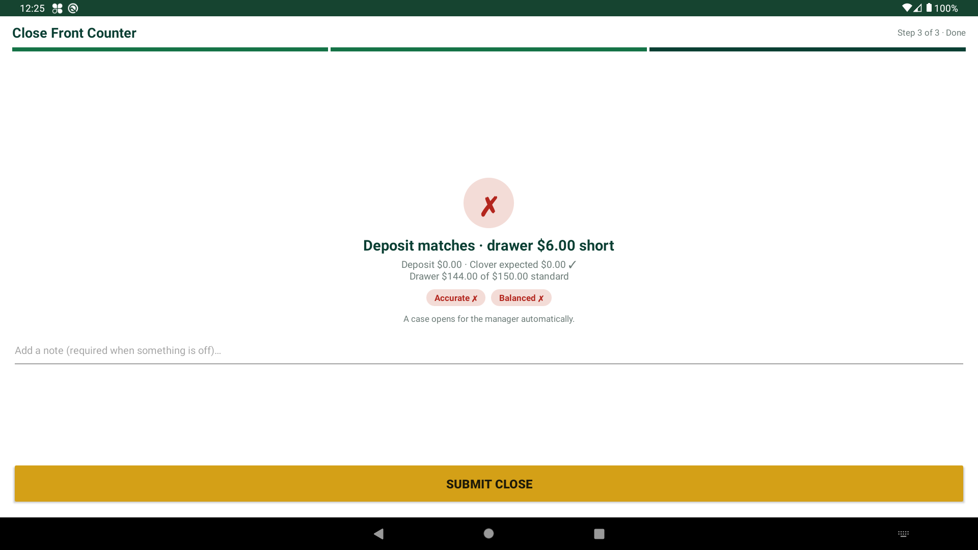Till Count close result showing Accurate and Balanced status with the deposit and drawer separated