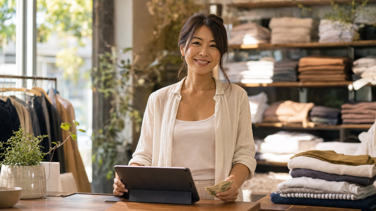 Boutique owner at the counter with the day's cash