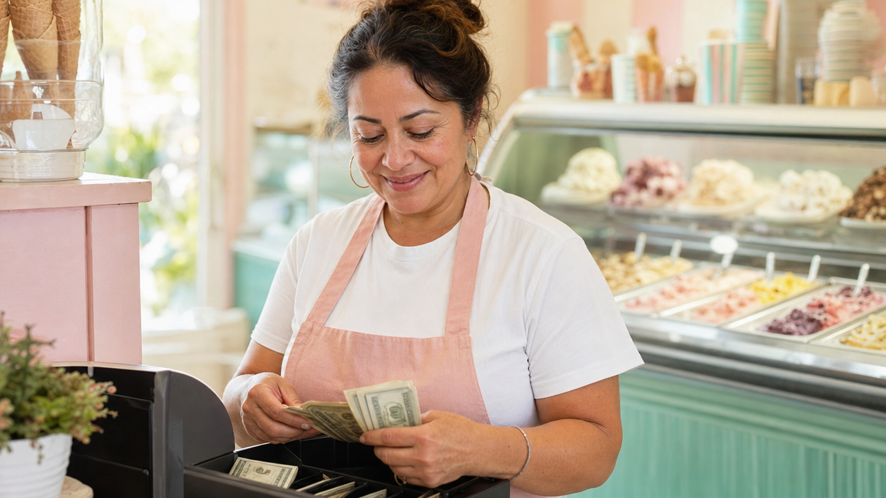 Ice cream shop owner counting the drawer at the counter