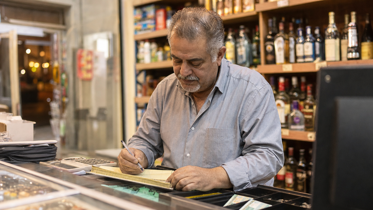 Convenience store owner doing end-of-day cash paperwork
