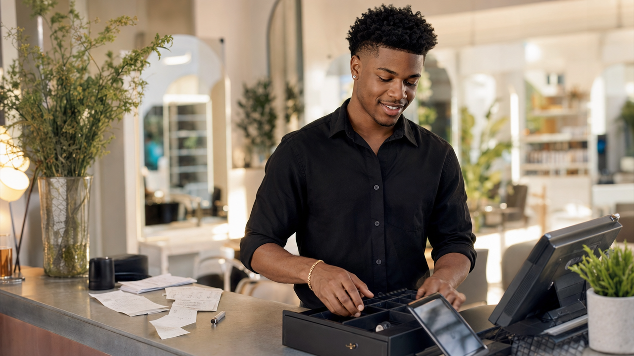 Salon front desk closing out the cash drawer